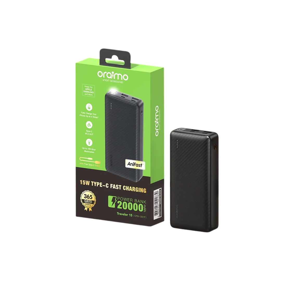 Oraimo OPB-1201P | 20,000mAh Power Bank – Reliable High-Capacity Fast Charging.