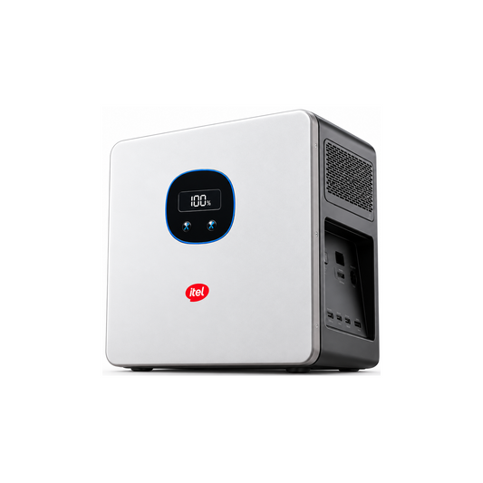 A portable power station with a white front face, black side panel, and a blue-lit digital display showing 100%. The red Rel logo is visible on the front, set against a clean white background.
